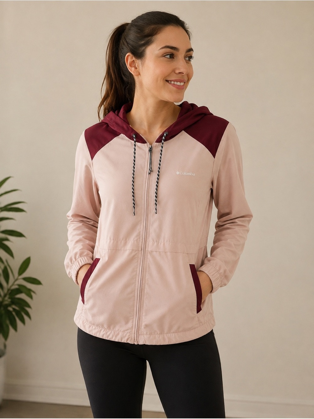 Columbia Women’s Pink & Burgundy Hooded Windbreaker Jacket Size S